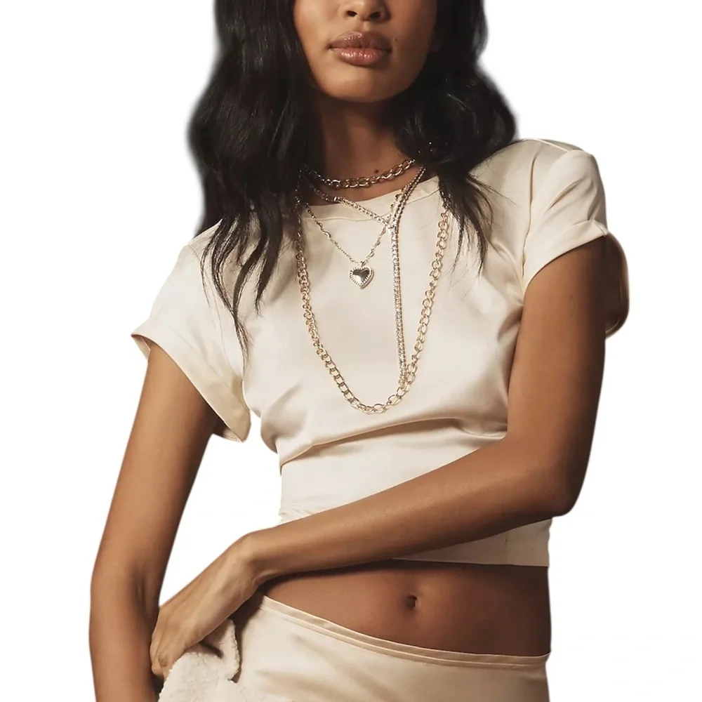 NWT By ANTHROPOLOGIE Cream Satin Baby Tee Blouse - Picture 1 of 16